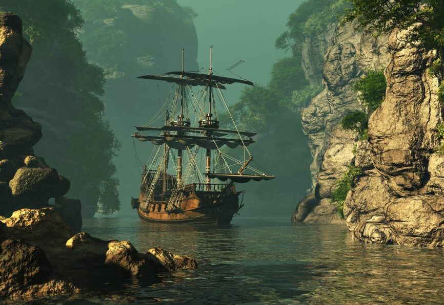 Картина на холсте Пиратский фрегат у берега, арт hd1319301
